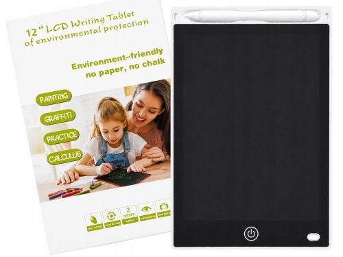 LCD elemes Rajztábla ceruzával, törlés gombbal 12", fehér