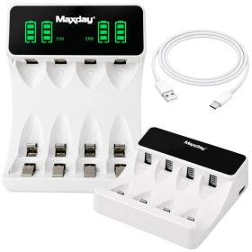   Aa- és aaa-akkumulátorokhoz való töltő, usb-c, lcd-kijelzővel, 4 rekeszes, gyors töltés