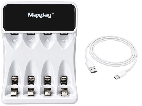 Aa- és aaa-akkumulátorokhoz való töltő, usb-c, lcd-kijelzővel, 4 rekeszes, gyors töltés