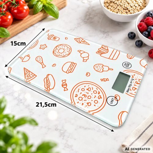 Elektronikus érintőképernyős konyhai mérleg, 5 kg/1g, tára funkcióval, lcd kijelzővel