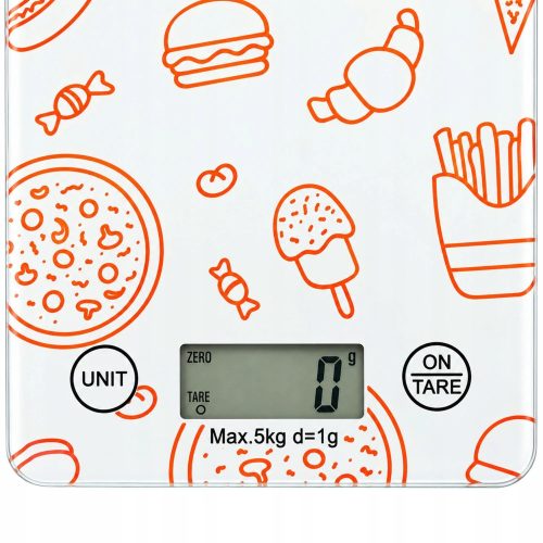 Elektronikus érintőképernyős konyhai mérleg, 5 kg/1g, tára funkcióval, lcd kijelzővel