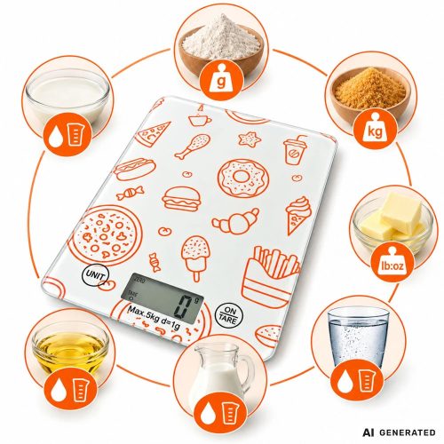 Elektronikus érintőképernyős konyhai mérleg, 5 kg/1g, tára funkcióval, lcd kijelzővel